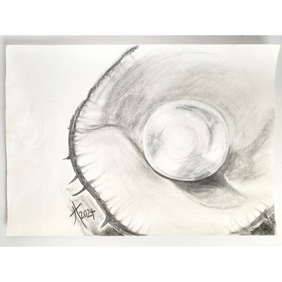 Special Pearl Original Charcoal Drawing Wall Art 11x14in Matted Frame Ready Blac - Picture 4 of 9